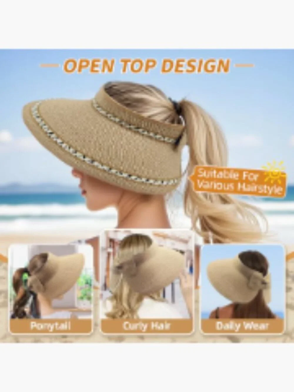 Wide Brim Straw Sun Visor Hat UPF 50+ Foldable Travel Beach Hat